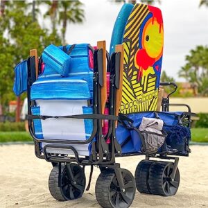 Beach Wagon Folding with Large Sand Wheels Heavy Duty Collapsible Cart with Patent Pending Beach Chair Holder Great for Ocean, Camping and Fishing – Solid Blue Color