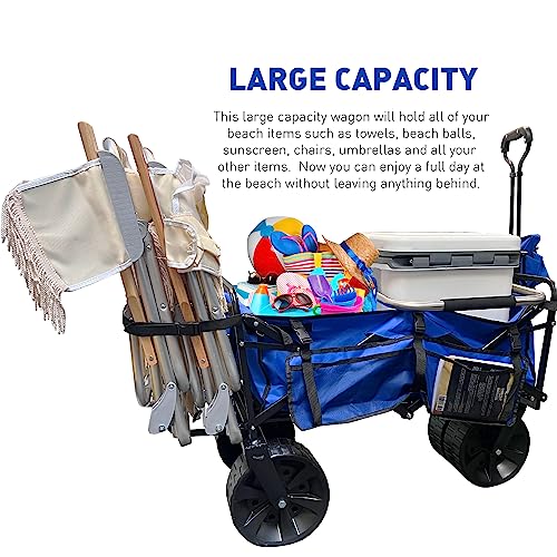 Beach Wagon Folding with Large Sand Wheels Heavy Duty Collapsible Cart with Patent Pending Beach Chair Holder Great for Ocean, Camping and Fishing – Solid Blue Color