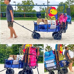 Beach Wagon Folding with Large Sand Wheels Heavy Duty Collapsible Cart with Patent Pending Beach Chair Holder Great for Ocean, Camping and Fishing – Solid Blue Color
