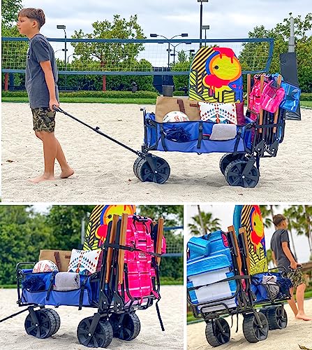 Beach Wagon Folding with Large Sand Wheels Heavy Duty Collapsible Cart with Patent Pending Beach Chair Holder Great for Ocean, Camping and Fishing – Solid Blue Color