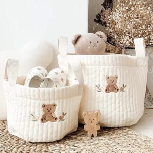 GoBabyMart 2-Piece Set Decorative Bear Storage Diaper Caddy with Handle for Baby Nursery Basket Toy Storage Bins Laundry Basket for Towels Blanket Socks, Baby Shower Organizer Basket (Single Bear)