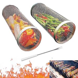 rolling grilling baskets for outdoor grilling - perfect bbq net for veggies,fries,fish,meats - 2pcs cylindrical stainless steel grilling mesh for outdoor bbq cooking/camping/picnic(8.2 inch-high)