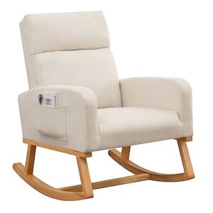 homyka rocking chair nursery upholstered glider chair with rubber wood legs side pocket, rocker accent armchair for living room,beige