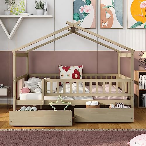 Polibi Full Size Wooden House Bed with Two Drawers,House-Shaped Platform Floor Bed Frame with Safety Guardrails for Toddlers Girls Boys Teens,Natural