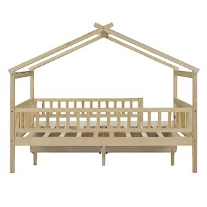 Polibi Full Size Wooden House Bed with Two Drawers,House-Shaped Platform Floor Bed Frame with Safety Guardrails for Toddlers Girls Boys Teens,Natural