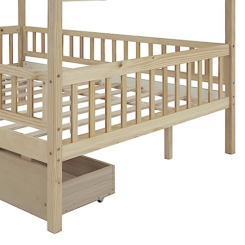 Polibi Full Size Wooden House Bed with Two Drawers,House-Shaped Platform Floor Bed Frame with Safety Guardrails for Toddlers Girls Boys Teens,Natural