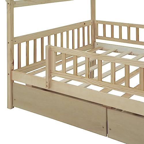 Polibi Full Size Wooden House Bed with Two Drawers,House-Shaped Platform Floor Bed Frame with Safety Guardrails for Toddlers Girls Boys Teens,Natural