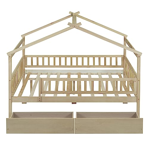 Polibi Full Size Wooden House Bed with Two Drawers,House-Shaped Platform Floor Bed Frame with Safety Guardrails for Toddlers Girls Boys Teens,Natural