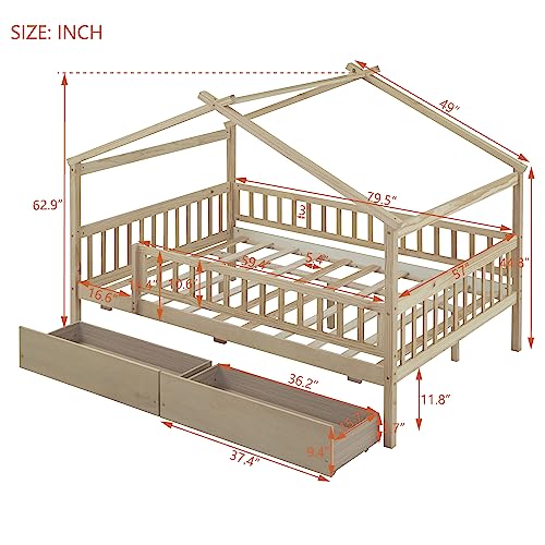 Polibi Full Size Wooden House Bed with Two Drawers,House-Shaped Platform Floor Bed Frame with Safety Guardrails for Toddlers Girls Boys Teens,Natural