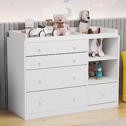 Hitow Nursery Dresser Baby Dresser with 5 Drawers & Open Shelf, White Baby Room Bedroom Dresser with Removable Top, Nursery Dresser Storage Organizer for Infant (47.2" W x 19.5" D x 36.1" H)