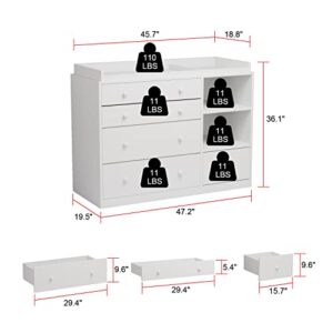 Hitow Nursery Dresser Baby Dresser with 5 Drawers & Open Shelf, White Baby Room Bedroom Dresser with Removable Top, Nursery Dresser Storage Organizer for Infant (47.2" W x 19.5" D x 36.1" H)