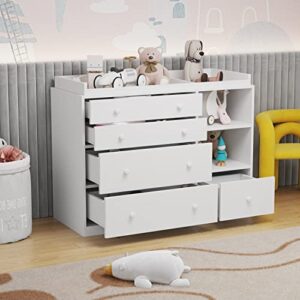 Hitow Nursery Dresser Baby Dresser with 5 Drawers & Open Shelf, White Baby Room Bedroom Dresser with Removable Top, Nursery Dresser Storage Organizer for Infant (47.2" W x 19.5" D x 36.1" H)