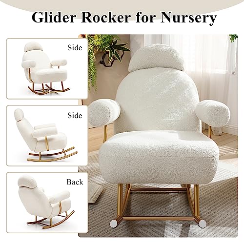 NIOIIKIT Nursery Rocking Chair, Modern Sherpa Upholstered Fabric Glider Rocker, Rocking Chair for Nursery, Comfy Armchair with High Backrest, Leisure Sofa Chair for Living Room Bedroom (Beige)