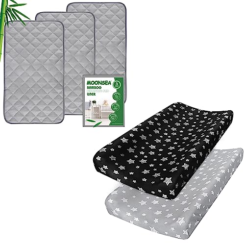 Changing Pad Cover for Boys Girls 2 Pack, Lovely Print Soft Unisex Diaper Change Table Sheets and Bamboo Diaper Changing Pad Liner Non-Slip