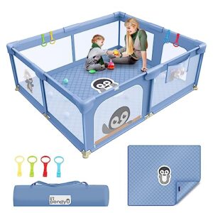 baby playpen for babies and toddlers, 71 x 59 inch playpen with mat, unique little penguin character design, soft breathable mesh baby play yard for indoor & outdoor family time (blue with mat)