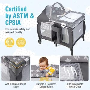 BABY JOY 4 in 1 Pack and Play, Portable Baby Playard with Bassinet, Adjustable Canopy, Changing Table, Lockable Wheels, Glowing Music Box, Travel Baby Crib Bassinet Bed from Newborn to Toddler