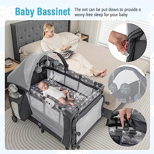 BABY JOY 4 in 1 Pack and Play, Portable Baby Playard with Bassinet, Adjustable Canopy, Changing Table, Lockable Wheels, Glowing Music Box, Travel Baby Crib Bassinet Bed from Newborn to Toddler