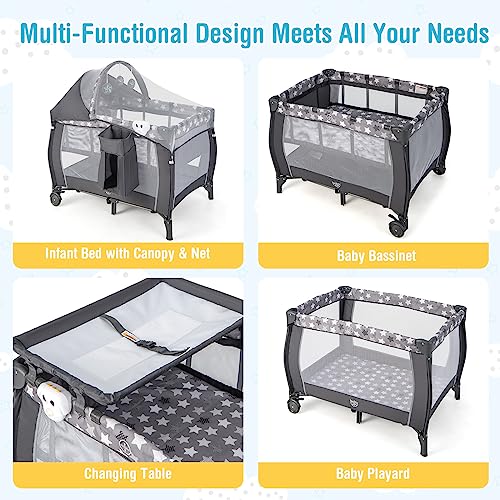 BABY JOY 4 in 1 Pack and Play, Portable Baby Playard with Bassinet, Adjustable Canopy, Changing Table, Lockable Wheels, Glowing Music Box, Travel Baby Crib Bassinet Bed from Newborn to Toddler