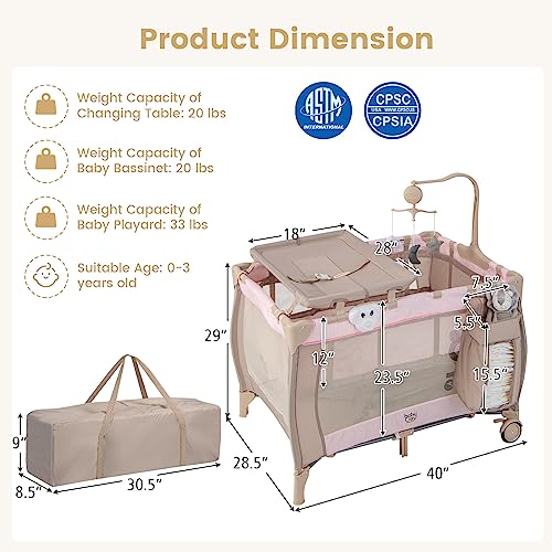 Costzon 3 in 1 Pack and Play with Bassinet, Portable Baby Playard with Changing Table, Bassinet, Music Box, Whirling Toys, Wheels/Brake, Large Basket, Bag, Foldable Travel Crib for Indoor Outdoor