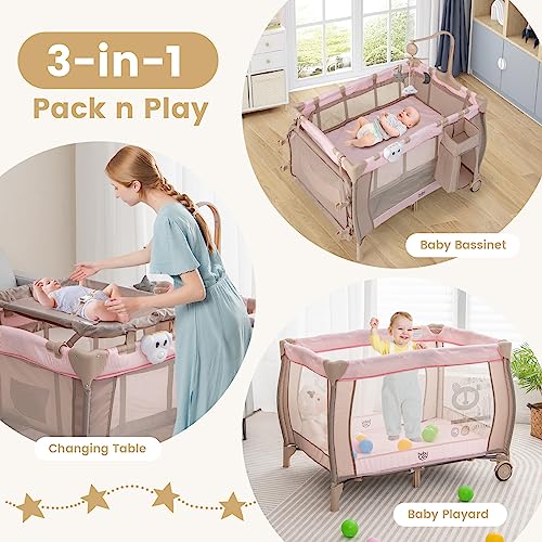 Costzon 3 in 1 Pack and Play with Bassinet, Portable Baby Playard with Changing Table, Bassinet, Music Box, Whirling Toys, Wheels/Brake, Large Basket, Bag, Foldable Travel Crib for Indoor Outdoor