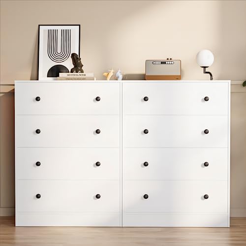 Cozy Castle 4 Drawer Dresser Set of 2, White Dresser for Bedroom, 8 Drawer Dressers with Wide Chest of Drawers for Kids Bedroom, Modern Dresser for Living Room, Nursery, Hallway, White