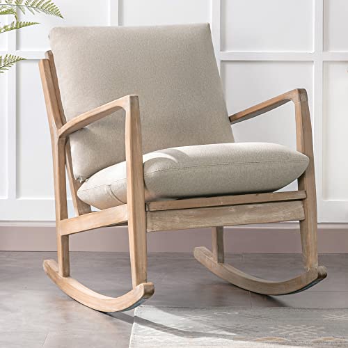 NOBLEMOOD Rocking Chair Linen Fabric Upholstered Nursery Rocker Solid Wood Glider Chair with Mute Foot Pad for Living Room, Reading(Beige)