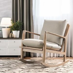 NOBLEMOOD Rocking Chair Linen Fabric Upholstered Nursery Rocker Solid Wood Glider Chair with Mute Foot Pad for Living Room, Reading(Beige)