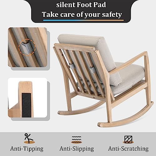 NOBLEMOOD Rocking Chair Linen Fabric Upholstered Nursery Rocker Solid Wood Glider Chair with Mute Foot Pad for Living Room, Reading(Beige)