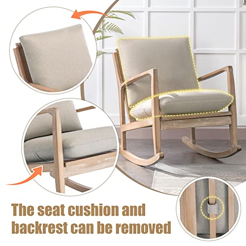 NOBLEMOOD Rocking Chair Linen Fabric Upholstered Nursery Rocker Solid Wood Glider Chair with Mute Foot Pad for Living Room, Reading(Beige)