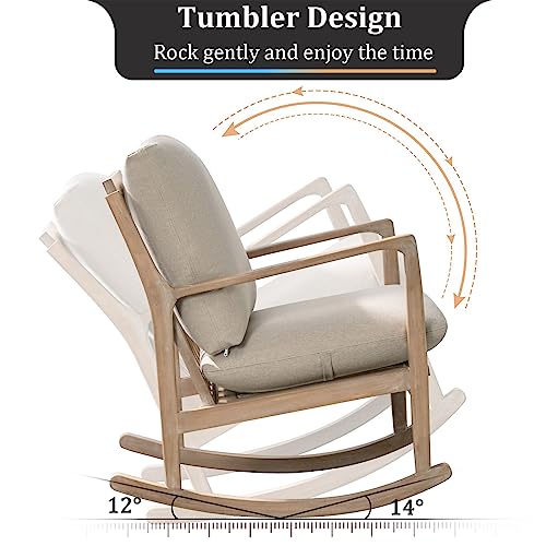 NOBLEMOOD Rocking Chair Linen Fabric Upholstered Nursery Rocker Solid Wood Glider Chair with Mute Foot Pad for Living Room, Reading(Beige)