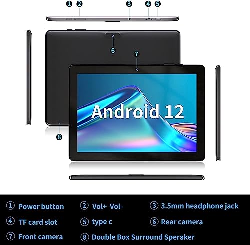 SGIN Android 12 Tablet, 10.1 Inch 2GB RAM 64GB ROM Tablets with Quad-Core A133 1.6Ghz Processor, 2MP + 5MP Camera, Bluetooth, WiFi, GPS, 5000mAh(Black)