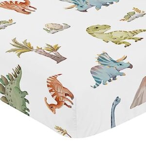 Sweet Jojo Designs Watercolor Dinosaur Dino Baby Boy Fitted Crib Sheet Infant Newborn Nursery Toddler Bed Room Standard Mattress Green Slate Blue White Modern Dinosaurs Jurassic Nature Animal Steel