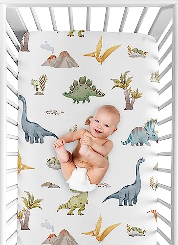 Sweet Jojo Designs Watercolor Dinosaur Dino Baby Boy Fitted Crib Sheet Infant Newborn Nursery Toddler Bed Room Standard Mattress Green Slate Blue White Modern Dinosaurs Jurassic Nature Animal Steel