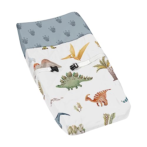 Sweet Jojo Designs Watercolor Dinosaur Dino Baby Boy Changing Pad Cover Infant Newborn Diaper Table Change Mat Sheet Green Slate Blue White Modern Dinosaurs Jurassic Animal Tracks Footprint Steel