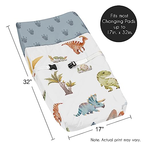 Sweet Jojo Designs Watercolor Dinosaur Dino Baby Boy Changing Pad Cover Infant Newborn Diaper Table Change Mat Sheet Green Slate Blue White Modern Dinosaurs Jurassic Animal Tracks Footprint Steel