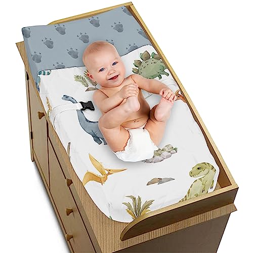 Sweet Jojo Designs Watercolor Dinosaur Dino Baby Boy Changing Pad Cover Infant Newborn Diaper Table Change Mat Sheet Green Slate Blue White Modern Dinosaurs Jurassic Animal Tracks Footprint Steel