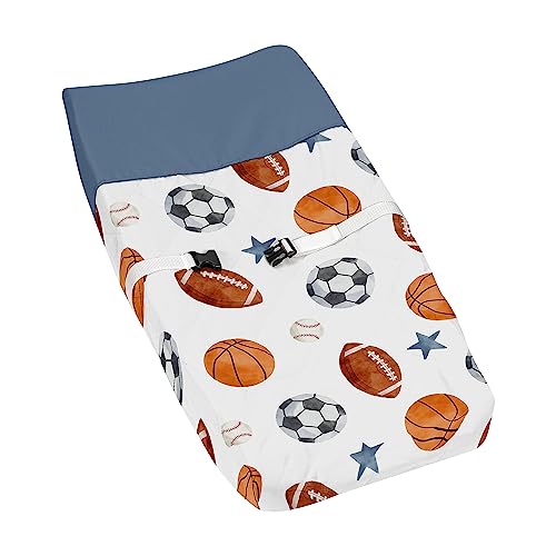 Sweet Jojo Designs Sports Theme Boy Baby Changing Pad Cover – Infant Newborn Diaper Table Change Mat Sheet - Watercolor Vintage Sport Themed Soccer Balls Football Baseball Basketball Blue Stars