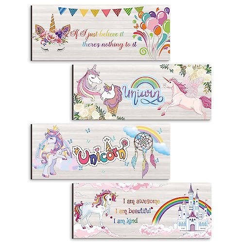 CLOMAY 4 Pieces Unicorn Rainbow Wall Decor for Girls Bedroom, Unicorn Rustic Wooden Wall Art Decoration for Living Room, Motivational Hanging Signs for Kids Room Nursery Ornamentation