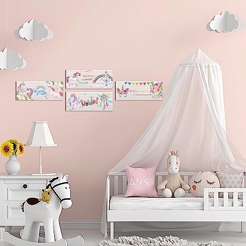 CLOMAY 4 Pieces Unicorn Rainbow Wall Decor for Girls Bedroom, Unicorn Rustic Wooden Wall Art Decoration for Living Room, Motivational Hanging Signs for Kids Room Nursery Ornamentation