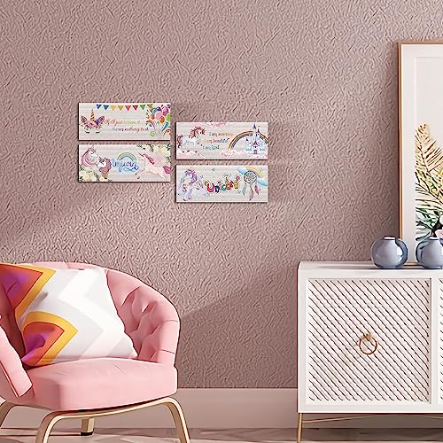 CLOMAY 4 Pieces Unicorn Rainbow Wall Decor for Girls Bedroom, Unicorn Rustic Wooden Wall Art Decoration for Living Room, Motivational Hanging Signs for Kids Room Nursery Ornamentation