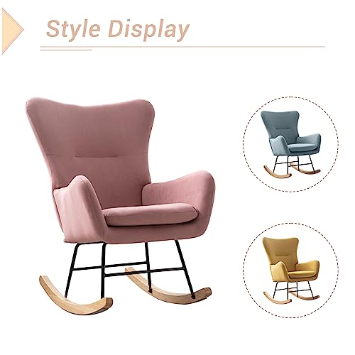 Bonzy Home Velvet Rocking Accent Nursery Chair Small Upholstered Glider Rocker Chair for Baby Nursery Padded Seat with High Backrest Armchair Comfy Side Chair Bedroom Living Room Chair, Pink