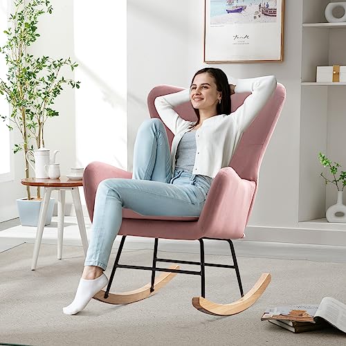 Bonzy Home Velvet Rocking Accent Nursery Chair Small Upholstered Glider Rocker Chair for Baby Nursery Padded Seat with High Backrest Armchair Comfy Side Chair Bedroom Living Room Chair, Pink