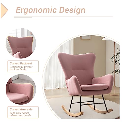 Bonzy Home Velvet Rocking Accent Nursery Chair Small Upholstered Glider Rocker Chair for Baby Nursery Padded Seat with High Backrest Armchair Comfy Side Chair Bedroom Living Room Chair, Pink