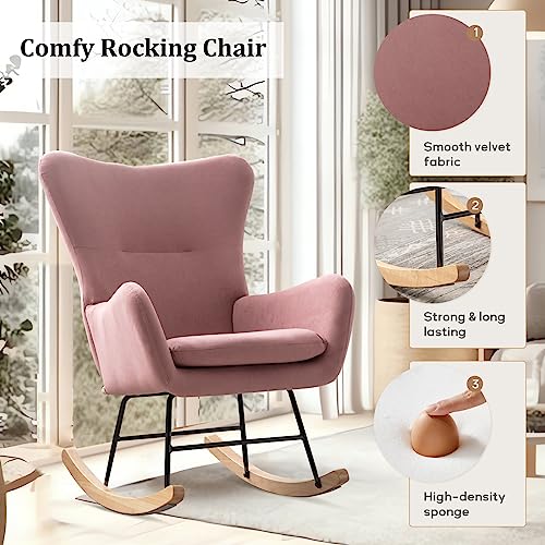 Bonzy Home Velvet Rocking Accent Nursery Chair Small Upholstered Glider Rocker Chair for Baby Nursery Padded Seat with High Backrest Armchair Comfy Side Chair Bedroom Living Room Chair, Pink