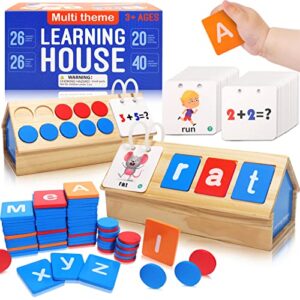 wooden educational toys for kids 3 4 5 6 year old - cvc sight word & number flash cards - alphabet spelling games & montessori math counting - preschool kindergarten learning activities