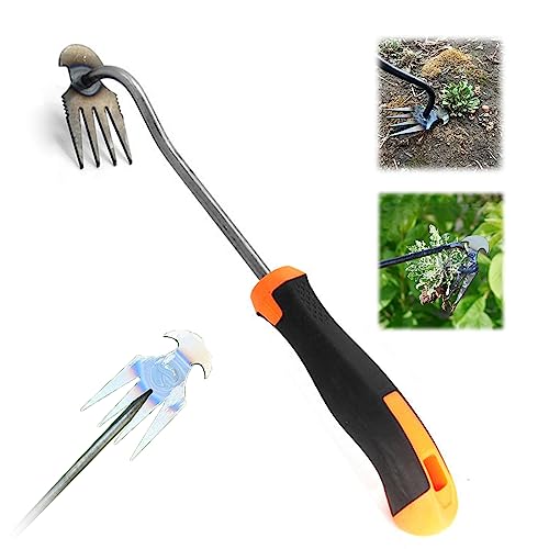 SEPSUMMER Weeding Artifact Uprooting Weeding Tool, Garden Weeding Tools, Manganese Steel Forged Weed Puller 4 Teeth Dual Purpose Weeder, Hand Remover Tool for Garden (14 inch Plastic Handle)