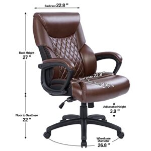 Executive Office Chair 350lbs - Adjustable Built-in Lumbar Support, Leather Office Chair with Spring Cushion, Computer Desk Chair with Padded Armrest, 360° Swivel Chair for Home and Office (Brown)