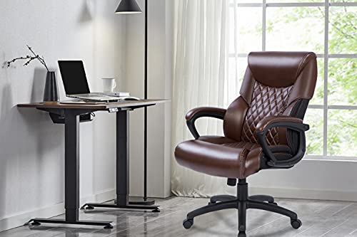 Executive Office Chair 350lbs - Adjustable Built-in Lumbar Support, Leather Office Chair with Spring Cushion, Computer Desk Chair with Padded Armrest, 360° Swivel Chair for Home and Office (Brown)