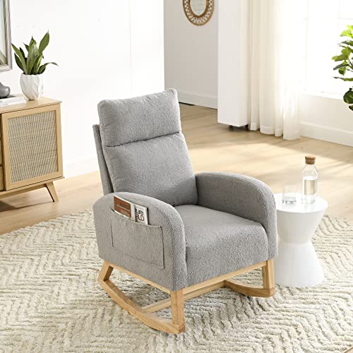 Sybrioka Modern Teddy Accent Rocking Chair,27" W Upholstered Glider Rocker for Baby and Kids,Two Side Pocket,Comfy Armchair, Living Room Lounge Arm Chair with High Backrest (Teddy, Grey)