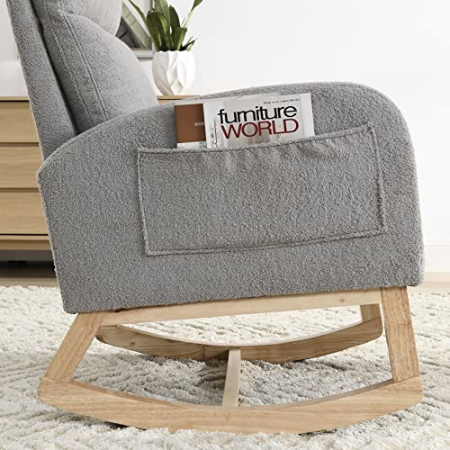 Sybrioka Modern Teddy Accent Rocking Chair,27" W Upholstered Glider Rocker for Baby and Kids,Two Side Pocket,Comfy Armchair, Living Room Lounge Arm Chair with High Backrest (Teddy, Grey)